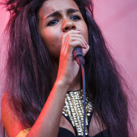 A woman with long, voluminous hair sings into a microphone at Piens Fest 2014. She wears a black strapless dress adorned with a gold beaded neckline and a gold armband. The background is out-of-focus, pink, and gradually transitions to white. Her facial expression is focused and passionate.