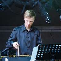 A young man wearing a black satin shirt plays a xylophone on the Piens Fest 2014 stage. In front of him is a music stand with sheet music. The background is dimly lit with stage equipment visible above.