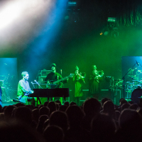 At Piens Fest 2014, a live band performs on stage with vibrant green and blue lighting. The ensemble includes a pianist, two brass players, a guitarist, bassist, drummer, and a vocalist. All wearing dark clothing, the band captivates the silhouetted audience in the foreground who are thoroughly enjoying the performance.