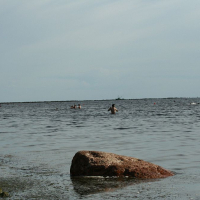 Beach scene with several people wading in the calm, expansive waters. A large rock sits partially submerged in the foreground, near the shoreline covered in seaweed. The sky above is mostly clouded with a hint of blue, reminiscent of a serene Positivus afternoon from 2008.