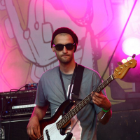 A musician wearing sunglasses, a beanie, and a T-shirt, playing an electric bass guitar on stage at the 2008 Positivus festival. The background features colorful, abstract artwork and pink stage lighting. He stands in front of AB audio equipment, immersed in his performance.
