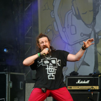 A person with long hair and a beard passionately sings into a microphone on stage at Positivus. They wear a black t-shirt with a white graphic and red pants. Behind them, a large banner featuring abstract art reads "AB 2008," while amplifiers and vibrant stage lighting add to the electric atmosphere.