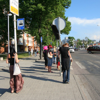 A group of people, some casually dressed, stand at a bus stop on a sunny day. Among them is a punk with vibrant hair, adding flair to the scene. Bright green trees provide shade as pedestrians walk along the sidewalk near a pedestrian crossing. Buildings and a bus stop sign with schedule information are also present.