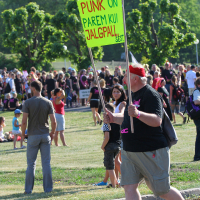 A person in a black shirt and red bandana is walking in a park holding a bright green sign with text in a foreign language. The person, seemingly part of the colorful Punk Laulupidu celebration, is among others gathered outdoors on a sunny day. Trees and grassy areas are visible in the background.