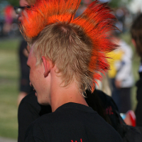 A person with a vibrant, spiky mohawk hairstyle in bright orange and red shades faces away from the camera. They are wearing a black shirt with red text partially visible, standing outdoors among other blurred crowds at Laulupidu, surrounded by greenery under sunlight.