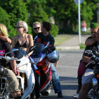 A group of motorcyclists, including men and women, are gathered on the street. Several sport sunglasses and casual clothing, with a distinct punk vibe highlighted by one woman in a black top on a white motorcycle and a man rocking a green mohawk. Trees and blurred street details provide the backdrop.