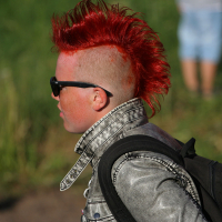 A person with a bright red mohawk hairstyle is wearing black sunglasses and a faded gray denim jacket, embodying punk style. They are photographed in profile, facing left, with a black backpack and a green, blurred outdoor background. Another person in light clothing is partly visible in the background, perhaps heading to Laulupidu.