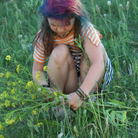 A child with brightly colored punk hair, tied with a red hair tie, is sitting in a grassy field. They are wearing a striped orange and white shirt and striped shorts. The child is picking yellow wildflowers, bending low with one knee up, concentrating on gathering the plants, as if preparing for Laulupidu.