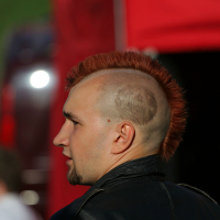 A man with a red mohawk and shaved sides stands outdoors, embracing his punk style. He has a short boxed beard and is wearing a black leather jacket. The background features a red structure reminiscent of Laulupidu festival stages and blurred greenery.