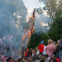 A large crowd, reminiscent of a Laulupidu festival, gathers on a grassy hill, watching as a tall wooden structure with geometric patterns is set ablaze. Smoke rises from the flames. People of various ages are present amidst the trees with green foliage, some holding flowers and displaying subtle punk vibes.