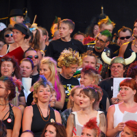 A diverse and lively crowd of people are gathered, some dressed in colorful and eclectic costumes, including Viking helmets, wigs, and face paint that add a touch of punk flair. Various expressions are visible, ranging from joyful to focused. Many hold sheets of paper, suggesting they are part of a Laulupidu chorus or performing group.