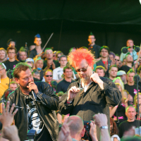 Two men are performing on stage at an outdoor event with a large, enthusiastic crowd in the background. One man, in a leather jacket, appears to be speaking into a microphone while the other, sporting a bright red mohawk, is gesticulating. Many audience members are wearing vibrant costumes and accessories, giving the scene a Punk Laulupidu vibe.