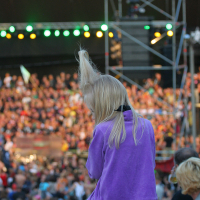 A child with light blonde hair sits on an adult's shoulders, facing away from the camera, wearing a purple jacket and green pants. Amidst a large, crowded outdoor festival reminiscent of Laulupidu, the stage and lights glow in the background amidst a sea of punk-inspired attendees.