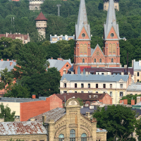 From above, Riga is seen with a blue sky.
