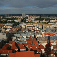 Riga from above: A view of a cityscape from the top of a building.