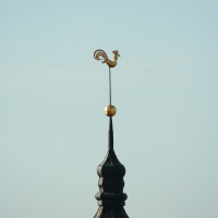 A weather vane on top of a building in Riga.