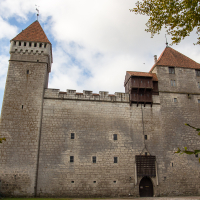 A majestic medieval stone castle in Saaremaa with a prominent gatehouse, fortified towers, and a red-tiled conical roof, standing under a partly cloudy sky, surrounded by verdant foliage