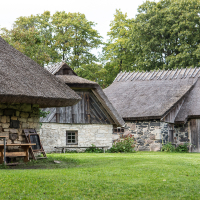 Traditional thatched-roof cottages with stone walls amidst lush greenery on Saaremaa, showcasing rustic charm and historical architecture.