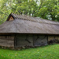 An old rustic wooden cabin with a thick thatched roof, situated in a lush green setting on Saaremaa Island, Estonia, showcasing traditional rural architecture amidst nature.