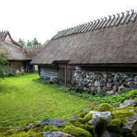 Traditional wooden houses with thatched roofs, nestled in a lush green landscape with moss-covered stones on Saaremaa Island, showcasing historical rural Estonian architecture.