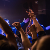Concert scene with a crowd raising their hands and making various gestures, including peace signs and fist pumps. Stage lights illuminate the background as Sabaton stands with arms outstretched, partially visible among the raised hands. The atmosphere appears energetic and lively, typical of a power metal show.