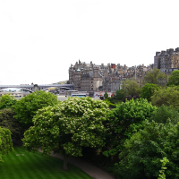 A lush park in the foreground with blooming trees, while a historic urban skyline, featuring classical architecture and a castle, stretches under a cloudy sky in Scotland, showcasing a blend of natural beauty and historic