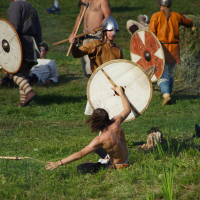 During the 2009 Semigallian Days, reenactors in medieval clothing and armor engage in a mock battle on a grassy field. Several fighters carry round shields, one with a red and white pattern. A shirtless participant appears to be falling or sitting down while others continue their combat in the background.