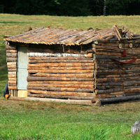A small handmade log cabin with a makeshift door stands in a grassy clearing, reminiscent of Semigallian days. The cabin features a whimsical face formed from logs and wood pieces, including eyes, a nose, and a curved red mouth. The roof is made of uneven, overlapping logs. Trees and grass surround the 2008-era cabin.