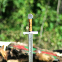 A medieval sword stands vertically embedded in the ground against a blurred green forest background. The sword, reminiscent of those from Semigallian days, features a straight cross guard, a round pommel, and a grip wrapped in brown leather.