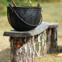 A rustic campfire cooking pot with a handle sits on a rough wooden bench made from a slab and two tree stumps. A wooden spoon is inside the pot. The scene, reminiscent of the 2008 Semigallian Days culture festival, is set in an outdoor forest area with green trees in the background and dry grass on the ground.