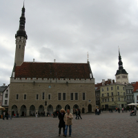 A Tallinn landmark with a clock tower.