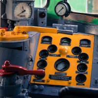 A train control panel displayed at a museum.