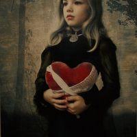 A young girl with long blonde hair stands against a dark, moody forest backdrop. She wears a black velvet dress and a round locket necklace. Her expression is solemn as she holds a large, red heart-shaped object wrapped in a white cloth bandage, embodying the ethereal, vintage aesthetic of "upuris prasa mākslu.