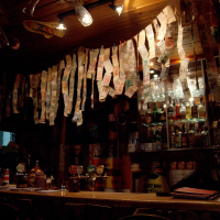 A rustic bar in Vilnius illuminated by warm lights, featuring an eclectic decor with money notes hanging from the ceiling and an assortment of bottles on shelves, creating a cozy, inviting atmosphere.