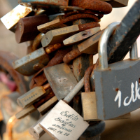 A cluster of rusty padlocks, each likely symbolizing a couple's commitment, is fastened to a metal fence in Vilnius, their weathered surfaces hinting at the passage of time and