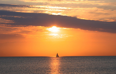 A Sailboat Under The Evening Sun.