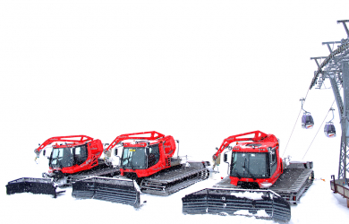 Three Red Snow Plows, Also Known As Snow-Cats, In The Snow.