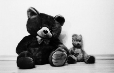 A Monochrome Image Featuring Two Teddy Bears.