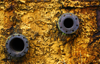 Two Rusty Pipes On A Yellow Wall.